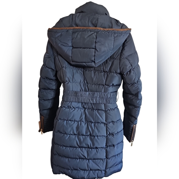 Ellen Rose Women's Navy Quilted Belted Puffer Coat Hooded Long Size M Classic - Picture 3 of 7